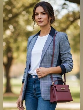 DKNY Blue Glen Plaid Color Block Single Button Blazer Size 6